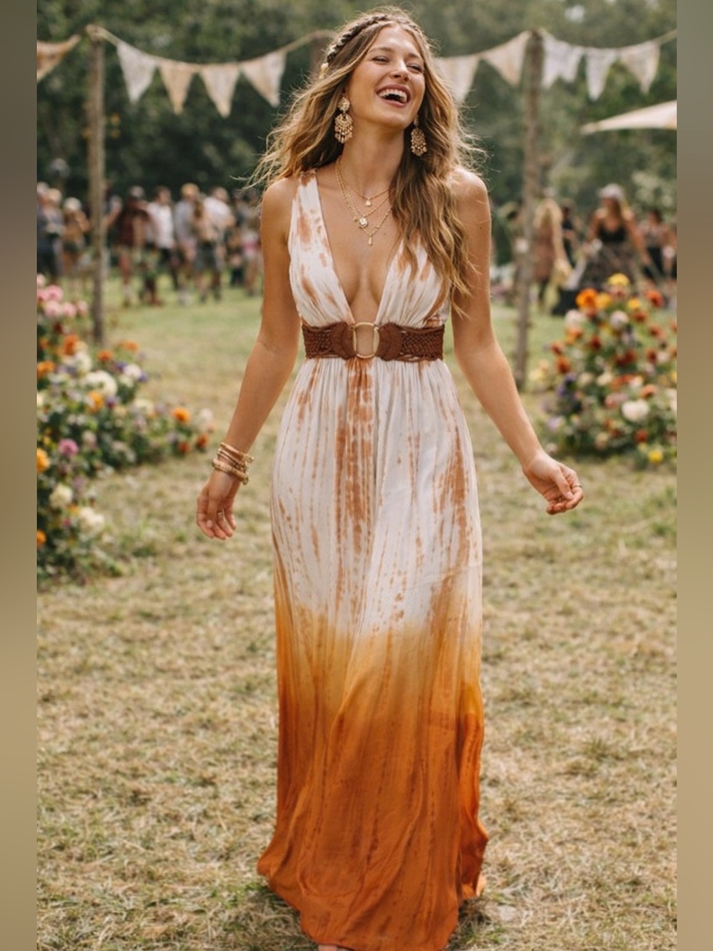 SKY Dress Maxi V-neck Empire Waist Tie Dye Ombre Raw Leather Trim
